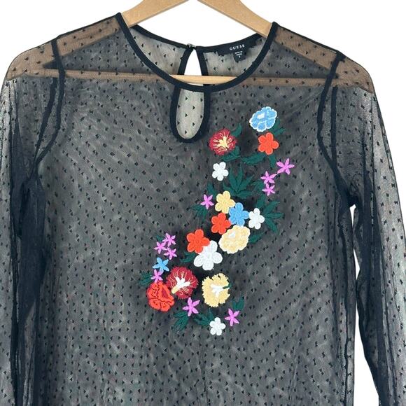 Guess Mesh Tunic Top Womens S Black Sheer Floral Embroidered Whimsigoth Dainty - Picture 2 of 4